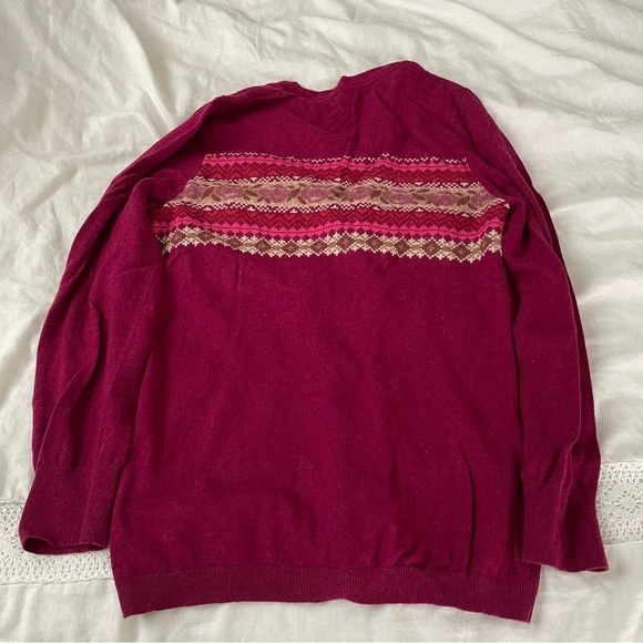 LL Bean LARGE Nordic Fair Isle Cardigan wool cotton blend red burgundy - Picture 4 of 7